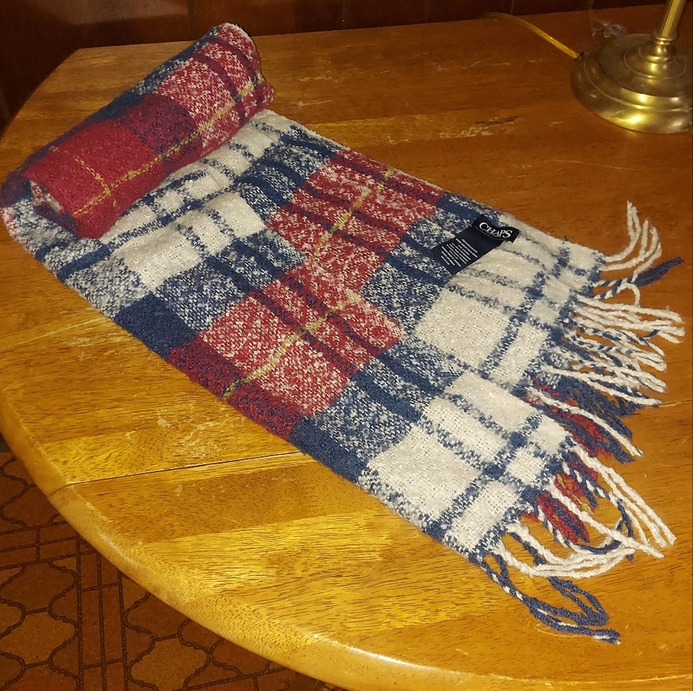 Chaps plush trendy plaid blanket scarf with fringe large pattern
